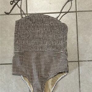 Peony Swimwear One Piece Smocked Gingham in Almond size 10